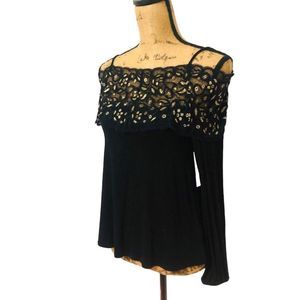 Blue/grey Los Angeles Enbelished Black Lace Off Shoulder Blouse Size Small